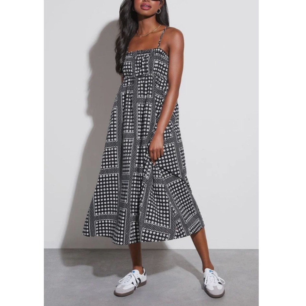 English Factory Midi Dress Womens XS Black White Floral Patchwork Smocked Boho